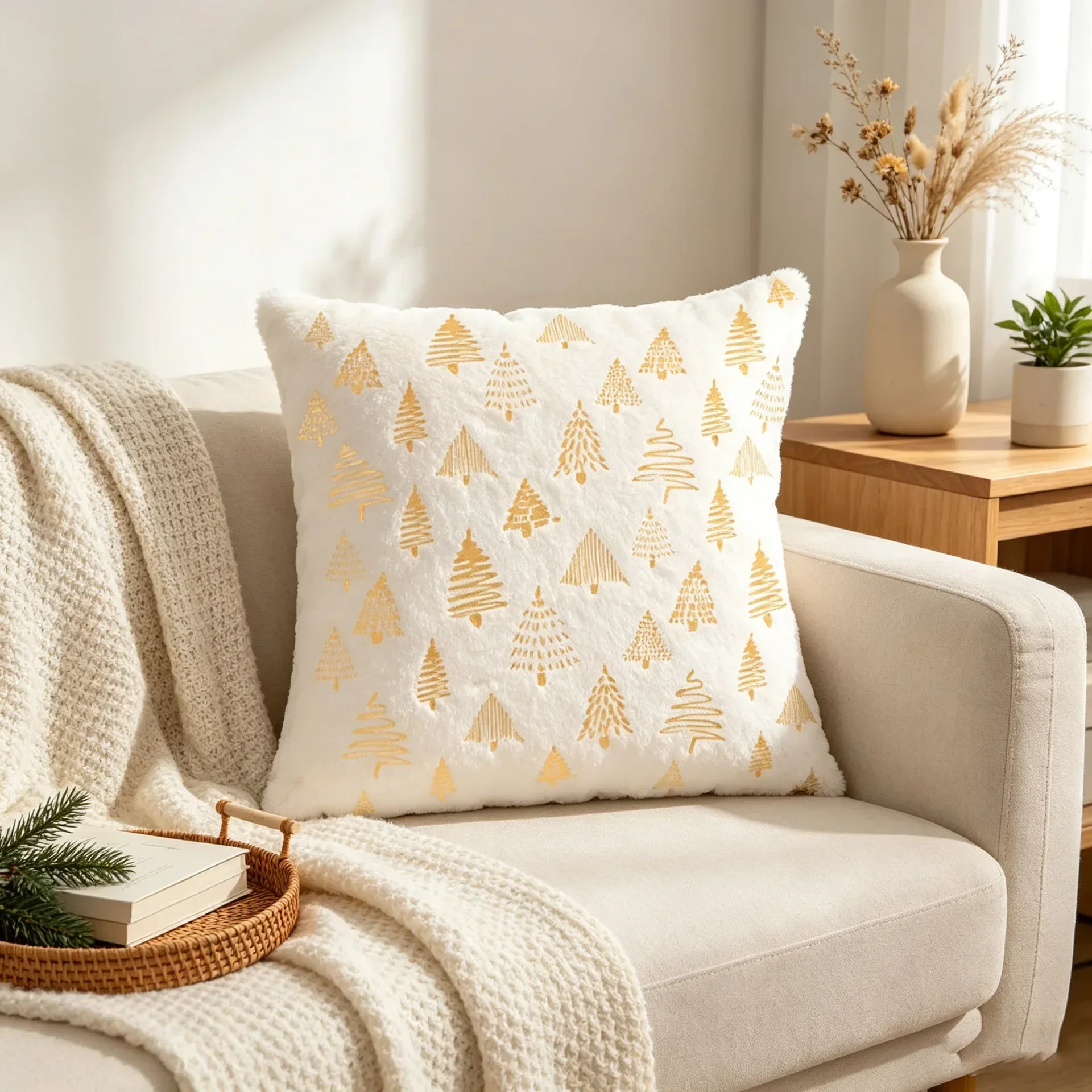 Gold Christmas Tree Embroidered Christmas Sofa Pillow Cover, perfect for festive home decor (cushion insert not included)