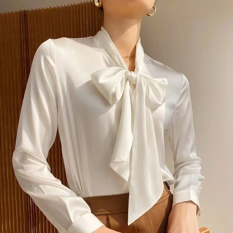 Camisa de seda extragrande com laço para mulheres, blusas de manga comprida, cardigã de seda elegante e elegante, senhora do escritório, marca de