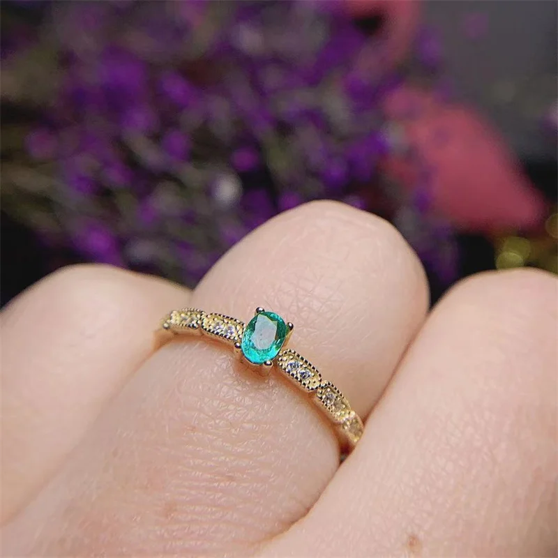 18K Yellow Gold 925 Sterling Silver Real Natural Original Emerald  4X3mm with Certificate Adjustable Size Ring for Women