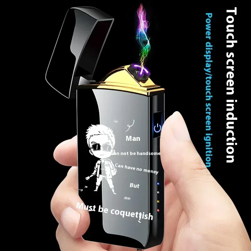 Hot Electric Windproof Metal Lighter Double Arc Flameless Plasma Rechargeable USB Lighter LED Power Display Touch Sensor Lighter