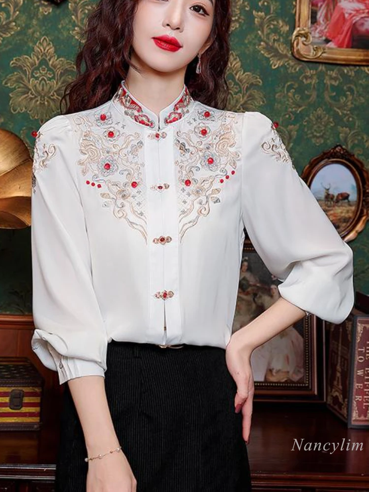 New Chinese National Style Embroidered Shirt Autumn Women's Top 2024 New Design Niche Chiffon Blouse Stand Collar Blusas