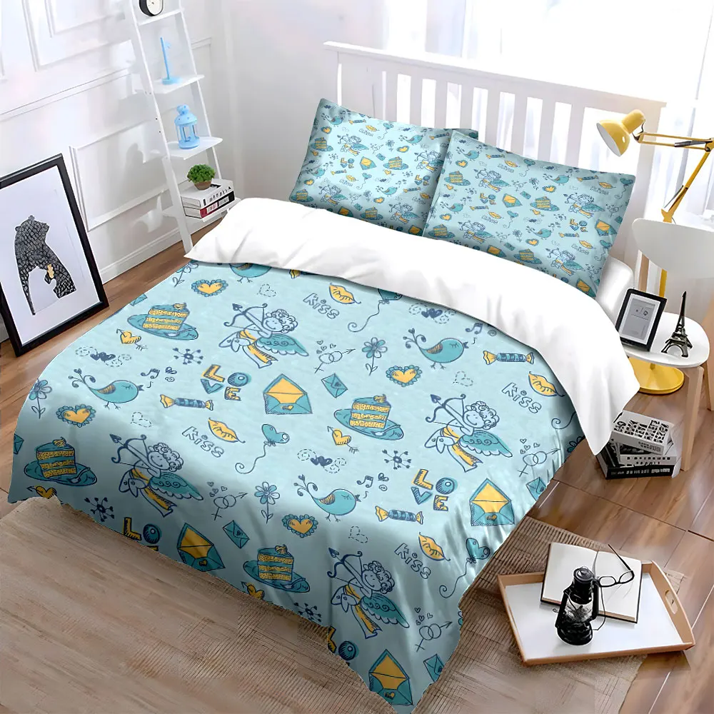 Hand-drawn romantic pattern background Duvet Cover Set with 3D Printing Design Soft Polyester Bedding Set All-Season Comfort