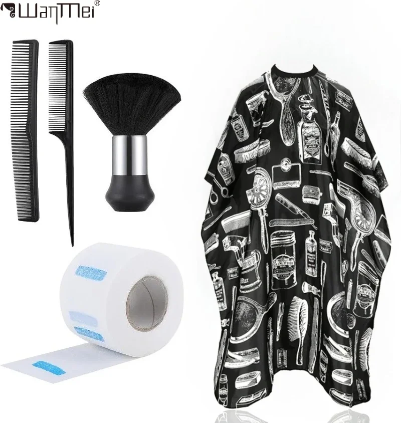 

5pcs salon Barber Cloak Set Barber Stylist Cloak with Adjustable Buckle Neck Dust Removal Brush and Comb and neck paper Tools