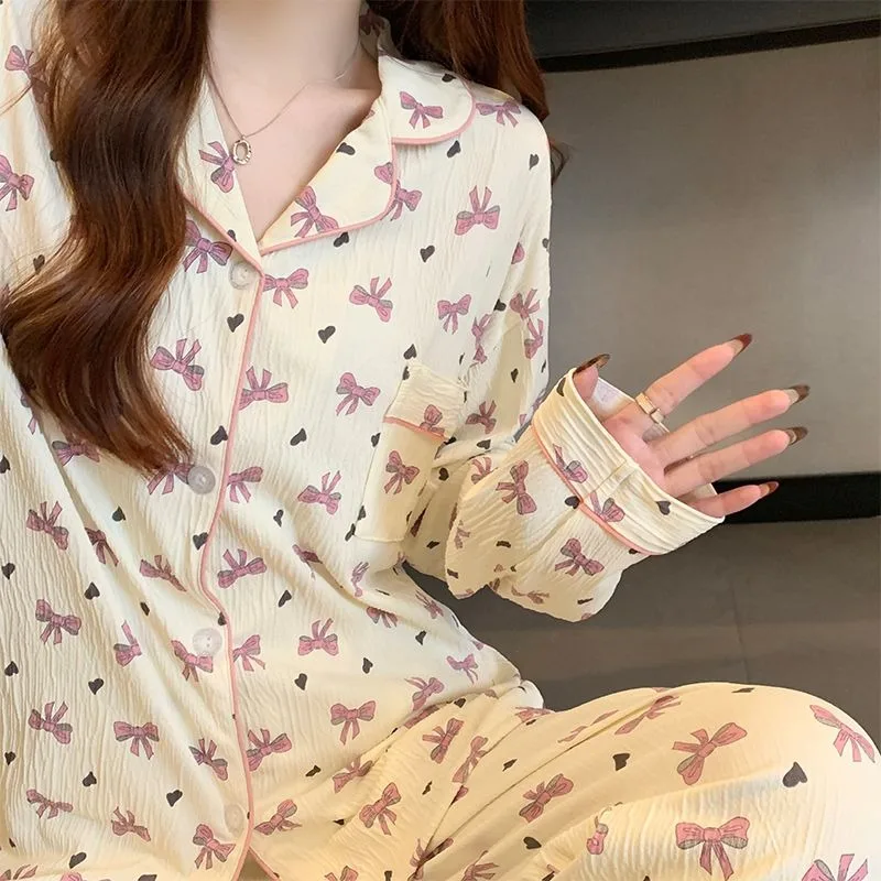Roupa de dormir feminina sexy doce arco impressão manga longa estudante loungewear cardigan lapela superior calças compridas plus size pijamas homewear