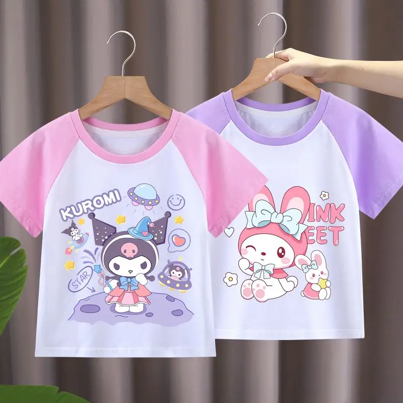 

Sanrio Kuromi Cinnamoroll Girls Short-Sleeved Clothes Clothing 2025 Summer New Girl Casual Baby Fashionable Tops Summer Clothing