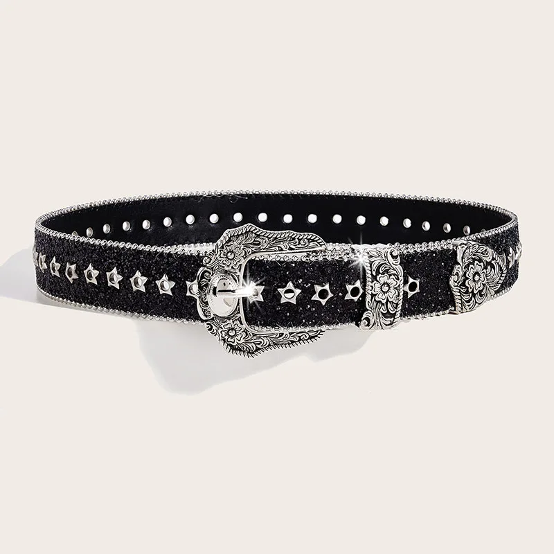 men fashion studded belts black silver soft leather belt party nightclub dress women's trendy waistband pin buckle strapon leash