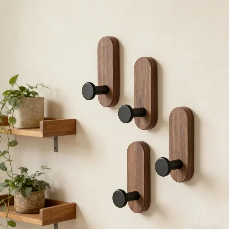 Ganci da Parete Autoadesivi in Legno di Noce per Appendere Cappotti, Asciugamani, Vestiti, Coperte, Cappelli, Zaini, Accappatoi, Portachiavi per Ingresso