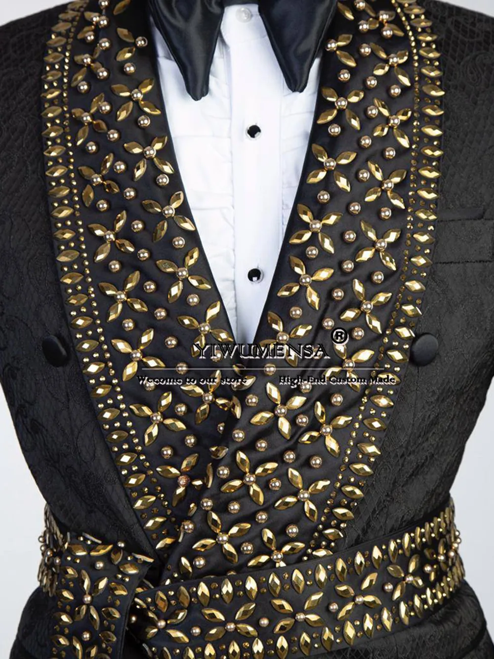 Man Elegant Floral Suits Golden Beaded Diamond Lapel Prom Blazer With Waistband Formal Party Groom Wear Tuxedo Male Clothing