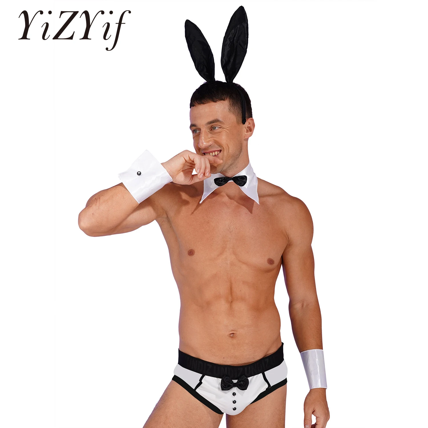 

Bow Briefs Underwear Headband Collar Cuffs Set Waiter Lingerie Sexy Pole Dance Clubwear Gay Men Bunny Cosplay Costume Accessory