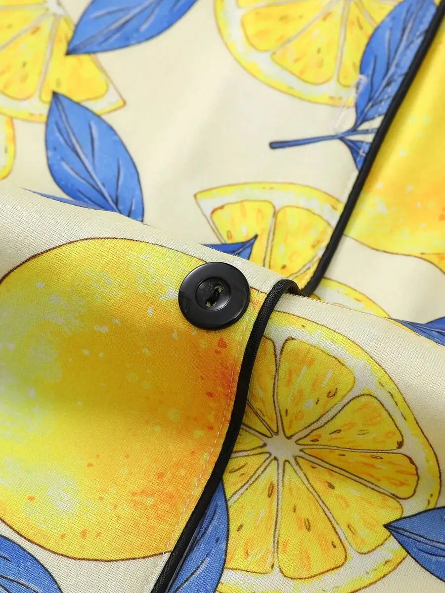 

Women Lemon Print Pajama Set Collared Short Sleeve Top And Loose Shorts Vacation Style Sleepwear