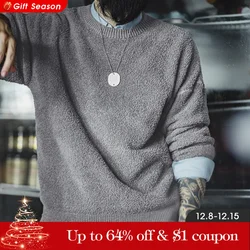 Maden New Retro Grey Round Neck Sweater Fleece-lined Warm Versatile Pullover for Men with Loose Fit Tops for Autumn and Winter