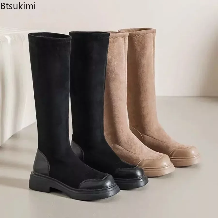 

2024Women's Knee-high Boots Solid Fashion Comfortable Casual Boots Woman Tight Thick Soled Round Toe Shoes for Women Botas Shoes