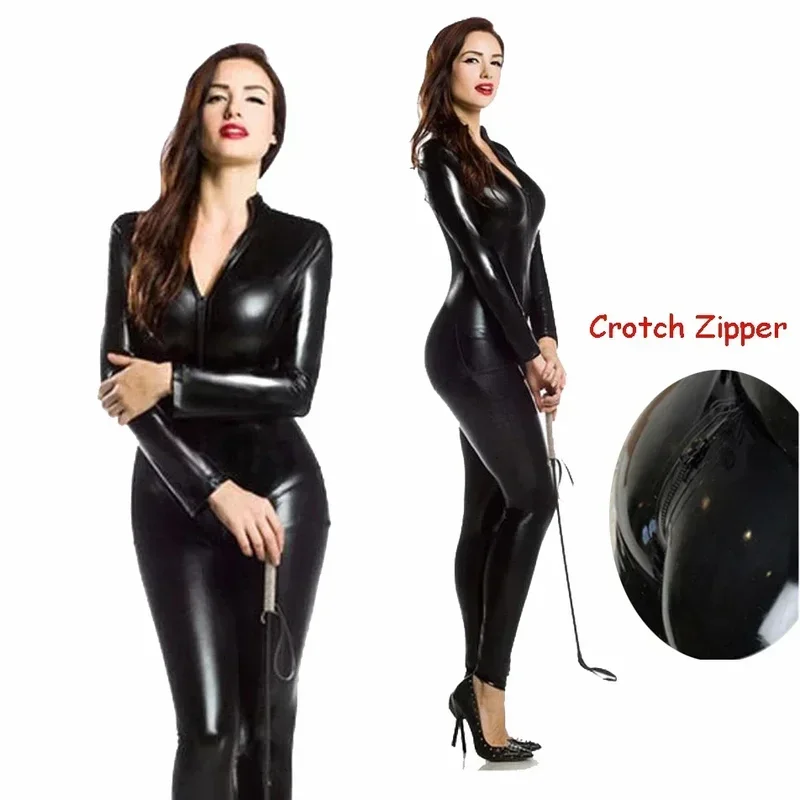 New Sexy Wetlook Pvc Latex Bodysuit For Women Double Zipper Open Cross Nightclub Dance Wear Leather Lingerie Catsuit