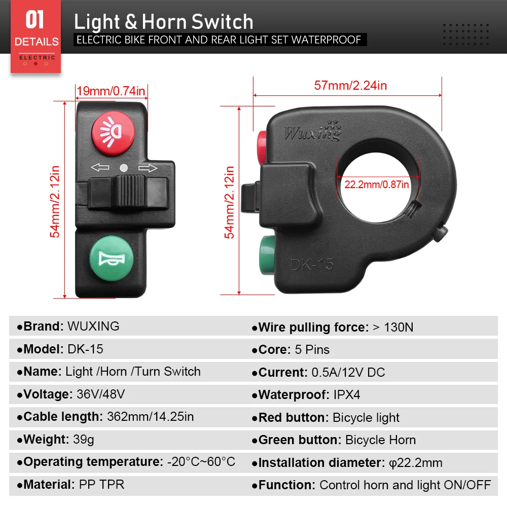 Electric Bike Tail Rear Lights, Waterproof Line, Tail Group Horn, Brake Light, Turn Signal Set, 36V, 48V