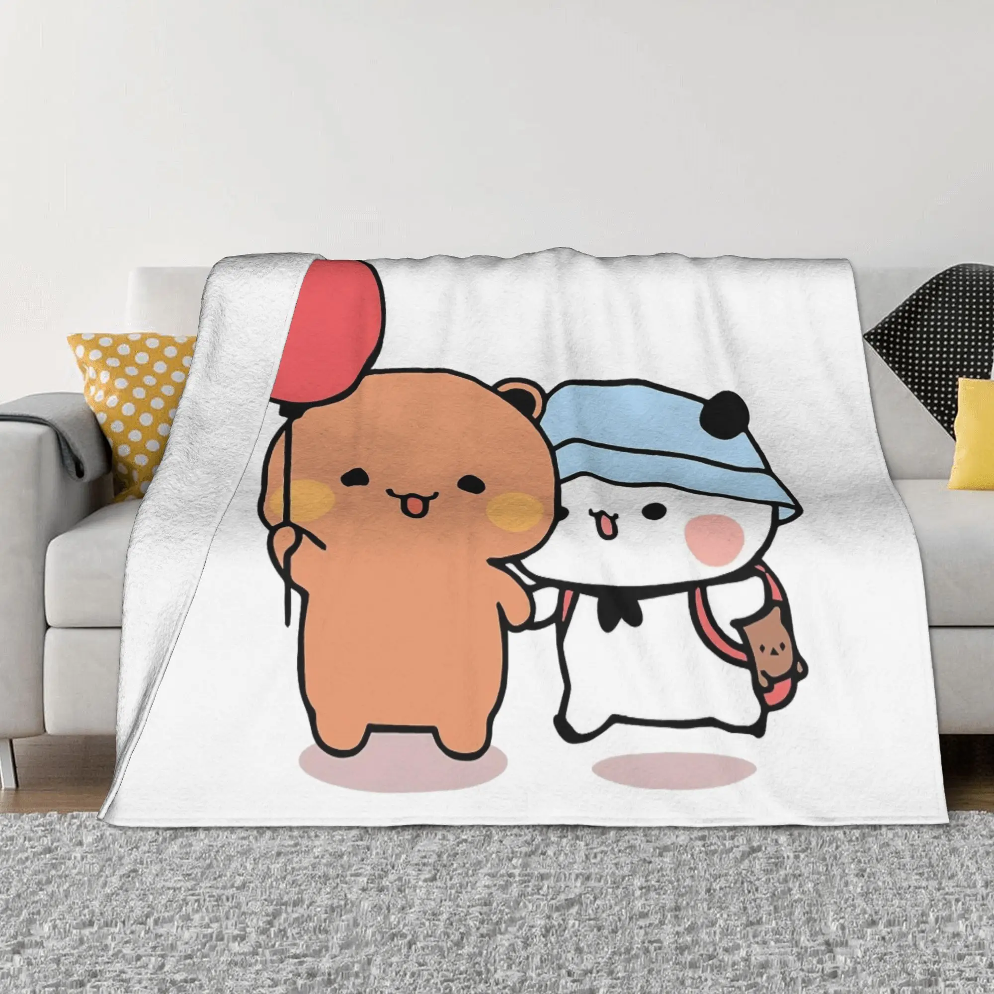 

Плюшевое одеяло с изображением медведя, панды, воздушного шара в стиле аниме, Bubu и Dudu, одеяло на заказ для дивана, постельного белья, гостиной, 125*100 см, покрывало