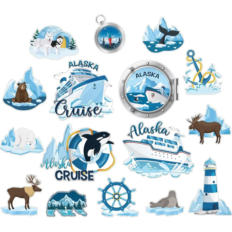 16 Peças Ímãs de Porta para Cruzeiro, Decorações de Cruzeiro no Alasca, Ímãs de Geladeira Reutilizáveis, Adesivos Magnéticos de Navegação com Baleia e Glaciar