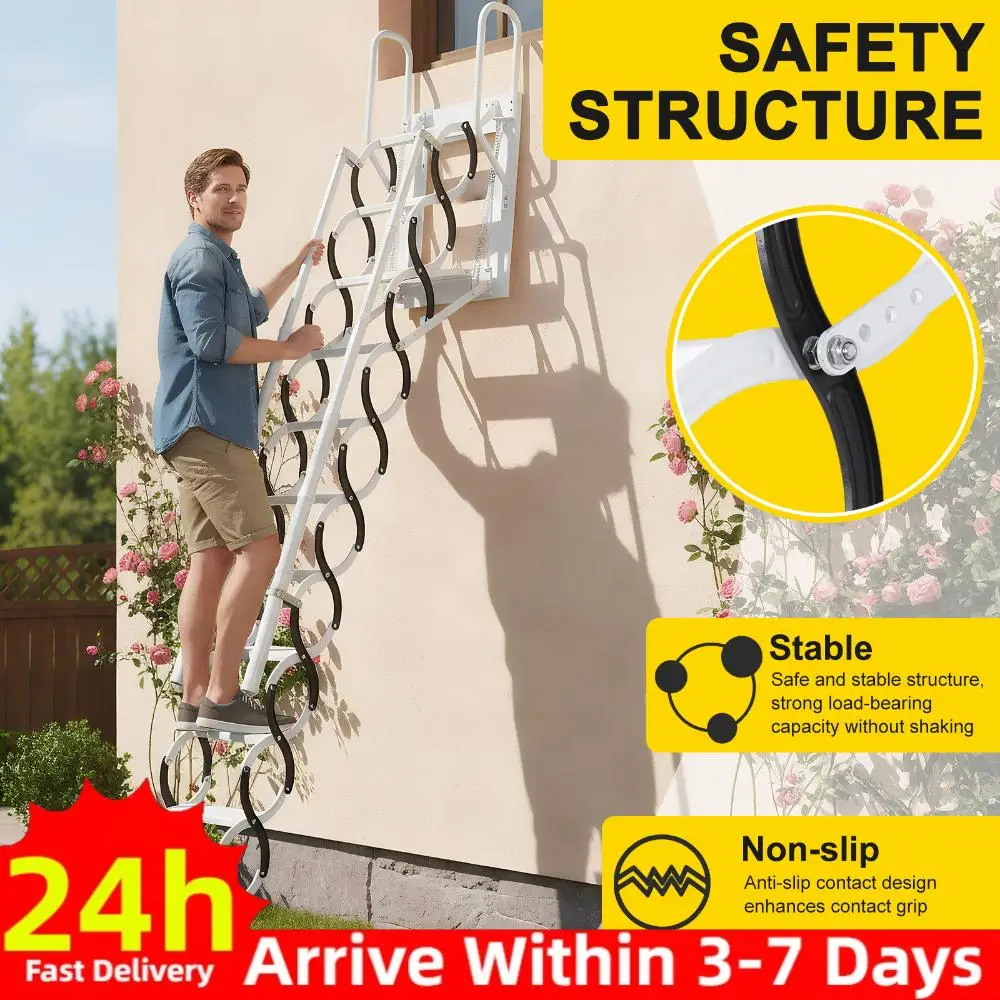 

Лестница-стремянка для чердака 9/11 ступеней, настенная, телескопическая, с 2 поручнями, для склада и подвала