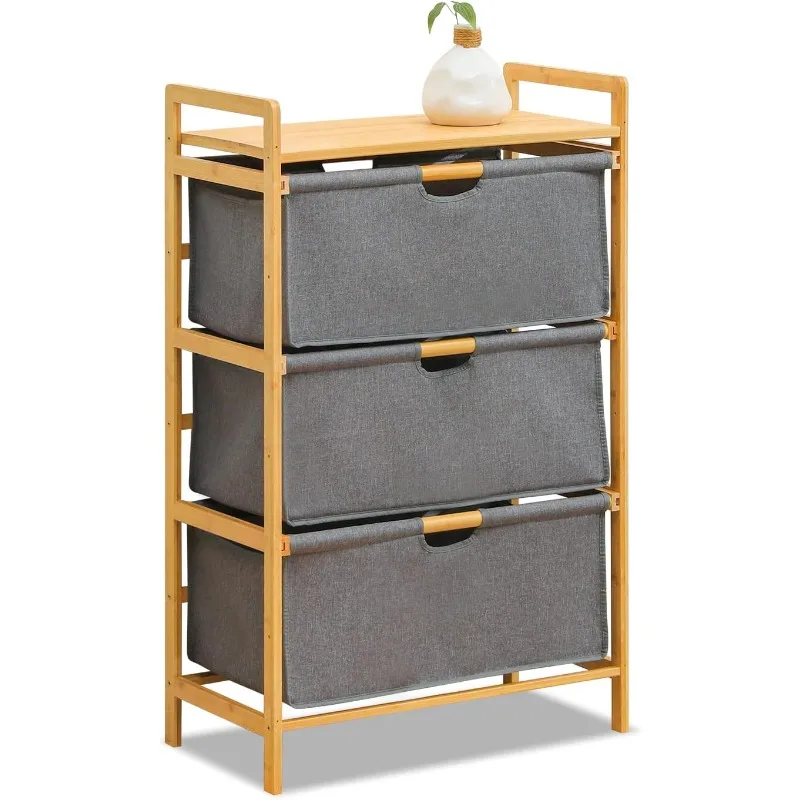 

3 Section Clothing Storage Removable Bamboo Organizer Unit with Pull-Out Fabric Baskets for Bedroom Laundry Home Office, Grey