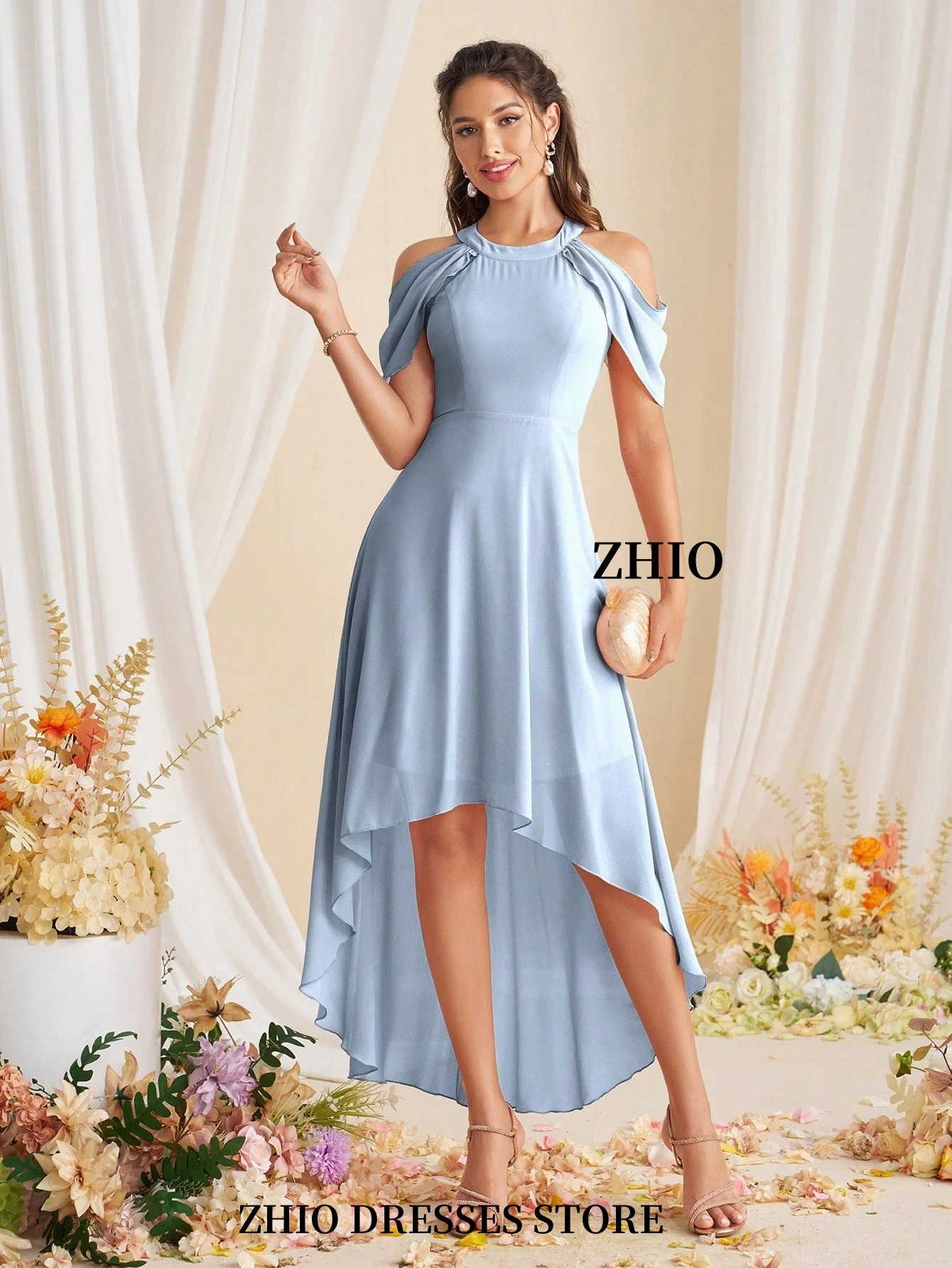 ZHIO Elegant Halter คอไม่สมมาตรชุดเจ้าสาว A-Line ค็อกเทลวันเกิดชุดราตรีที่กําหนดเอง