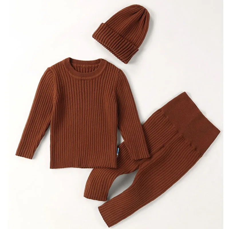 Korean Style 0-3 Yrs Baby Boys Girls Clothing Set Long Sleeve Solid Color Sweater+Trousers+Cap Spring Autumn Kids Clothes Suit