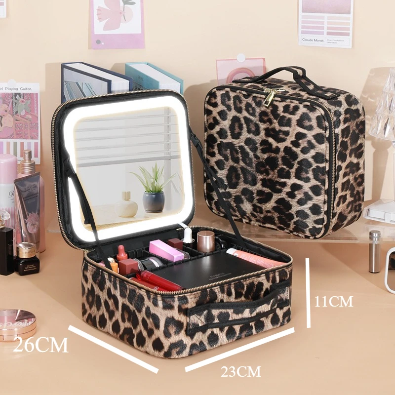 

Cosmetic Bag with LED Mirror, Adjustable Brightness, Fireproof PVC, Locking Feature, Portable for Travel and Beauty Use