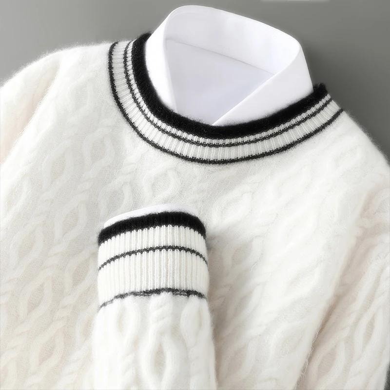 Men's 100% Merino Wool O Neck Raised Twist Cable Jumper Striped Contrast Neckline Cuff Hem Solid Fall Winter Latest Collection