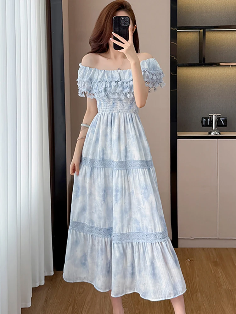 Summer Blue Chiffon Print Patchwork Lace Long Dress Women Short Sleeve Chic Square Collar Dress 2026 Korean Elegant Party Dress