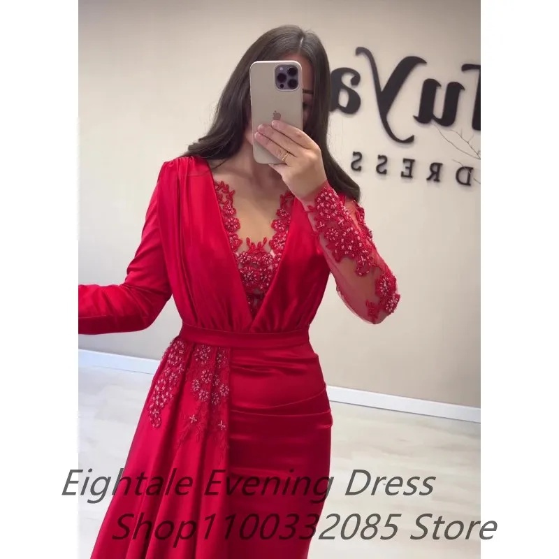 Arabic Red Formal Evening Dresses Long Sleeves Mermaid Evening Gowns Beading Elegant Prom Dresses Turkish Couture Robe De Soiree