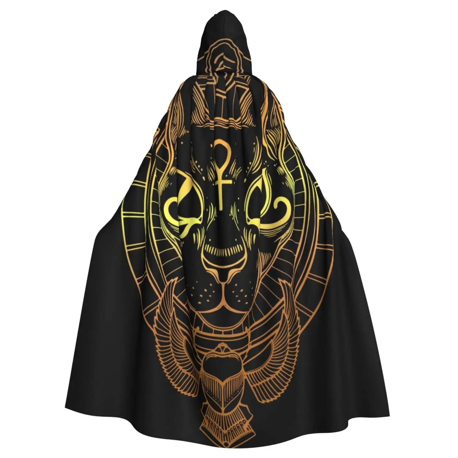 Golden Egyptian Goddess Cat Bastet Hooded Polyester Unisex Witch Cape Costume Accessory