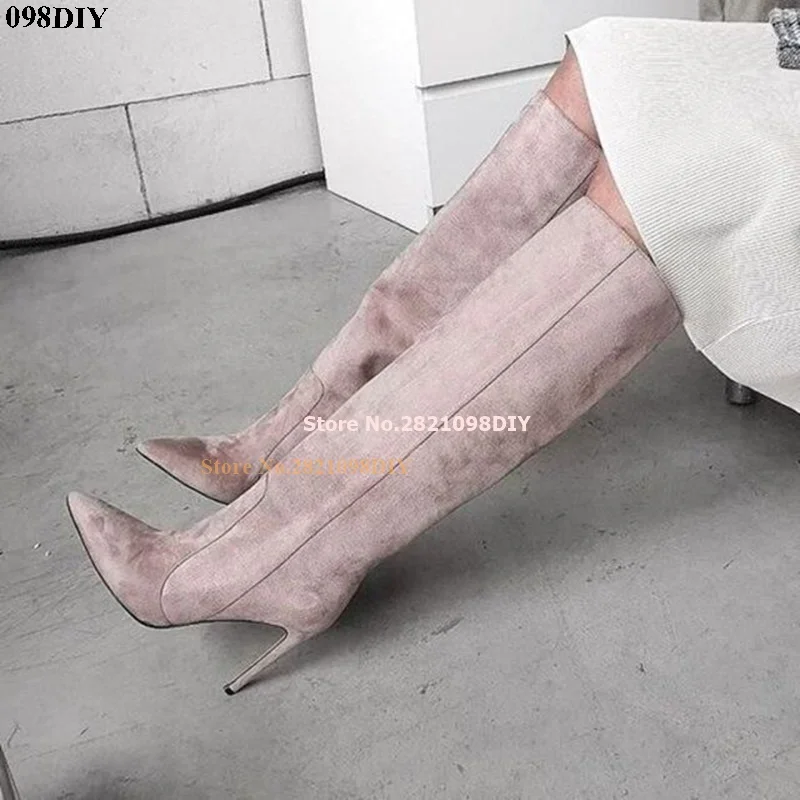 

High Heel Pink Suede Leather Knee High Boots Women Pointy Toe Stilettos Pumps Long Booties