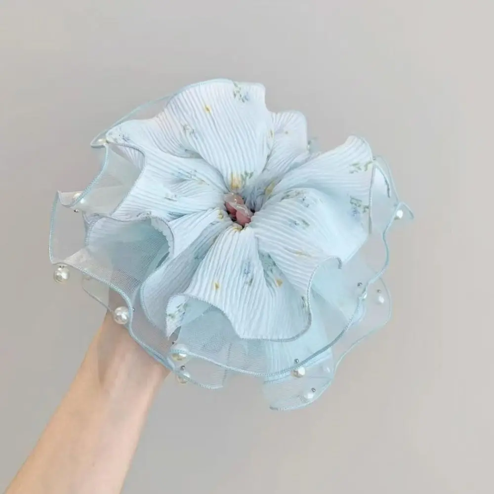 

Elegant Pleated Hair Scrunchies Intricate Floral Design Fabric Hair Loop Elastic Band Flowing Gauze Hair Ties Girls Fashion