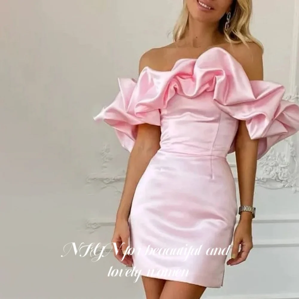 

NFYN Pink Elegant Prom Dress Strapless Off the Shoulder Prom Gown Backless Mini Skirt Evening Dress for Woman 프롬 드레스 Customized