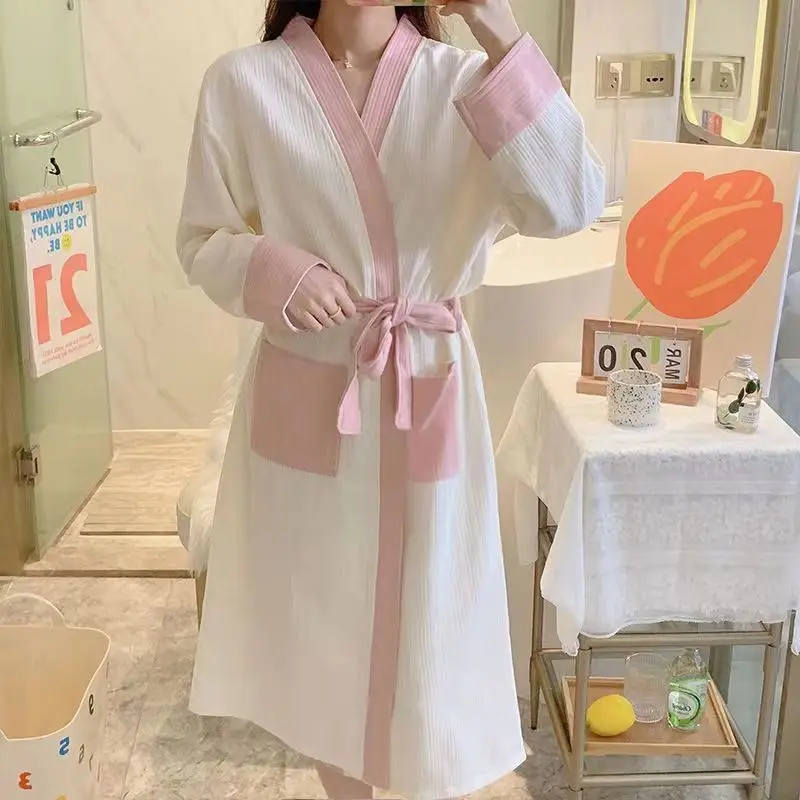 

Japanese-style Female Kimono Ladies Thin Cotton Nightgown Women Bathrobe Robe Home Service Long Sleeves Pajamas