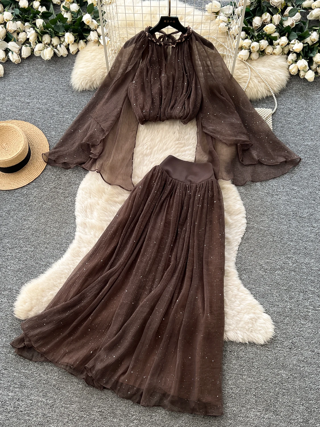 Fashionable High Waist Lantern Sleeve Sequin Top And Skirt Set Women's Autumn Atmosphere Feeling Leisure Workwear Two Piece Set