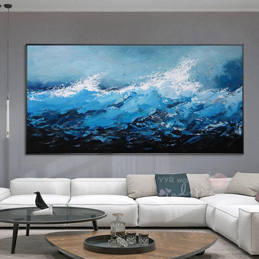 Modern Abstract Blue Sea Wave Seascape Picture For Interior Decoration Handmade Oil Painting  On The Wall Mural For Living Room