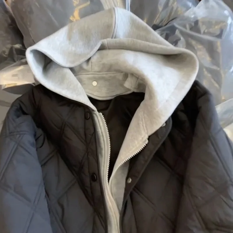 

Chic Splicing Hooded Cotton Jacket Autumn Winter New Casual Thickened Coats Women's Zipper Thermal Black Outerwears