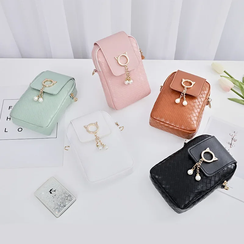 Women Crossbody Bag Pearl Tassel Cover-style Cell Phone Smartphone Shoulder Bag Wallet With Strap Solid PU Casual purse handbag