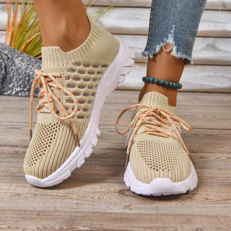 

Flat Single Shoes Autumn New Round Toe Mesh Breathable Soft Sole Non-slip Wear-resistant Fashion Lace-up Sneakers