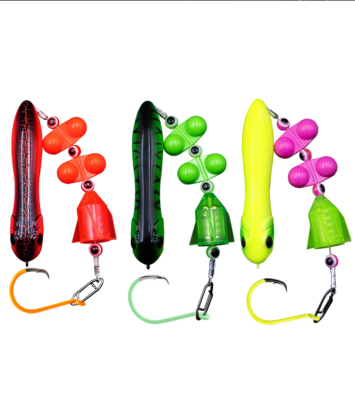 ZYZHE 3-teilige Welsangel-Rigs mit 7/0 # 9/0 # 10/0 # Bunte Kreishaken mit Kunstköder, Schwimmer und Klingelkugel – Ideal für Welsangeln – Detail 7