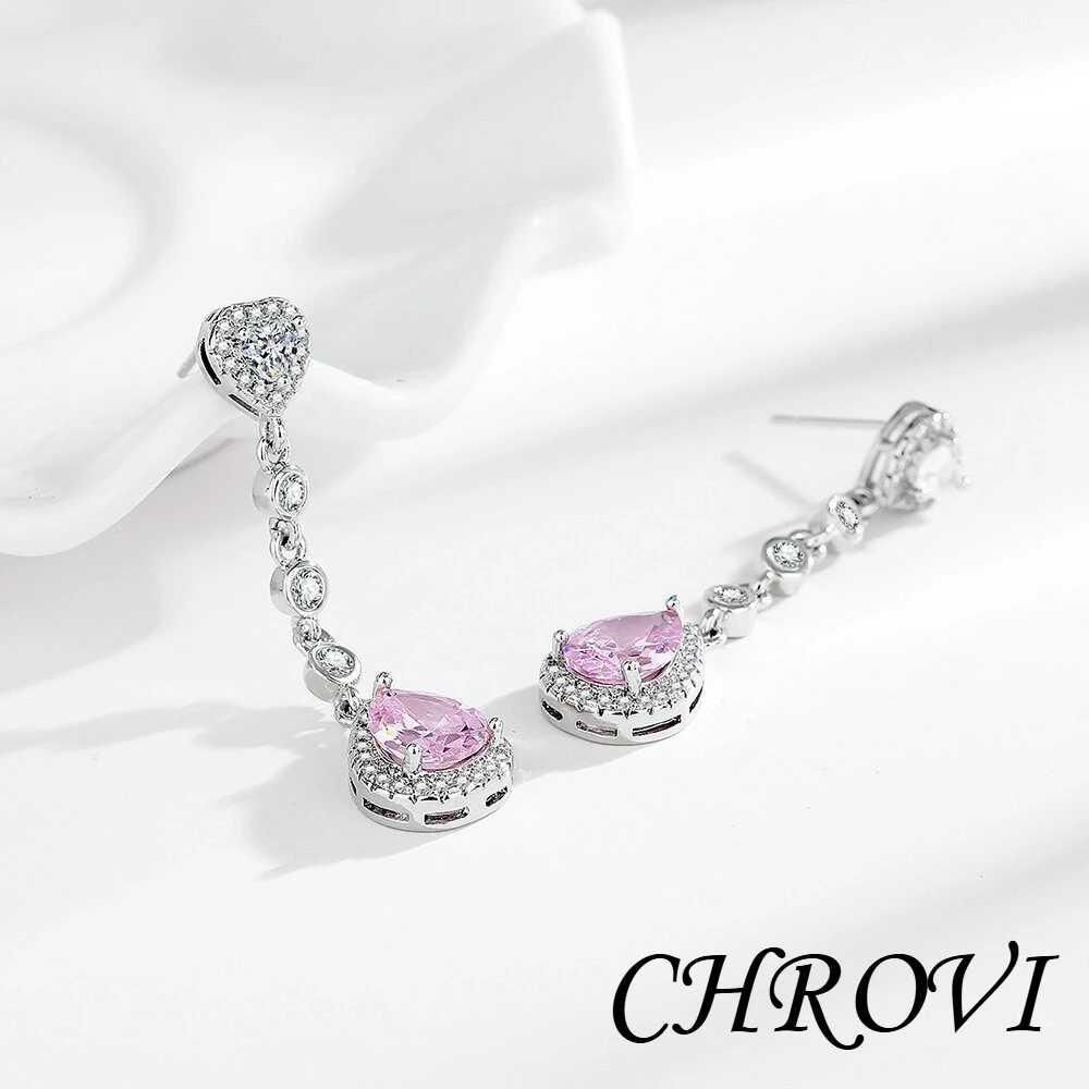 Luxury-Style 925 Sterling Silver Cross-border European Long Earrings in Elegant Pink Diamond Design