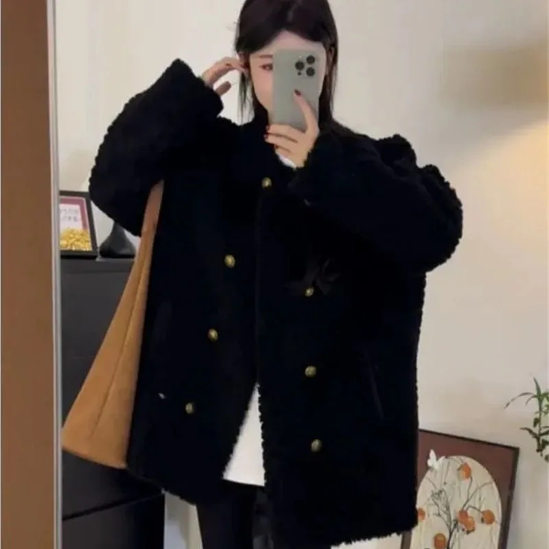 Lady Fashion Ronde Hals Lamswollen Jas Franse Vrouwelijke Double-breasted Losse Top Lente Herfst Vrouwen Vrije tijd Grote Maat 4XL Jas