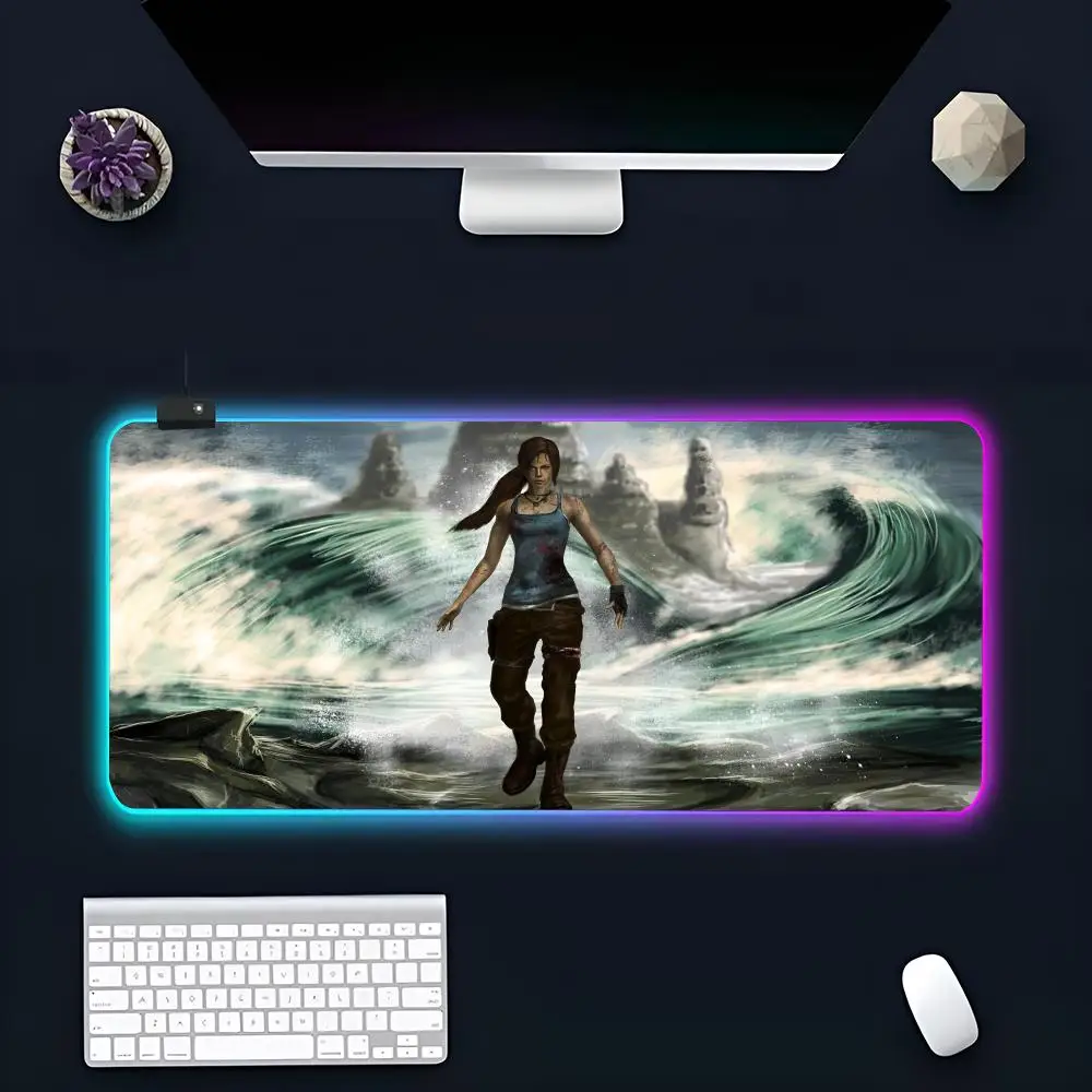 Lara Croft Mouse Pad Large RGB Mouse Pad XXL LED Mouse Mat Japan Mousepads Table Pads Keyboard Mats Desk Rug With Backlit