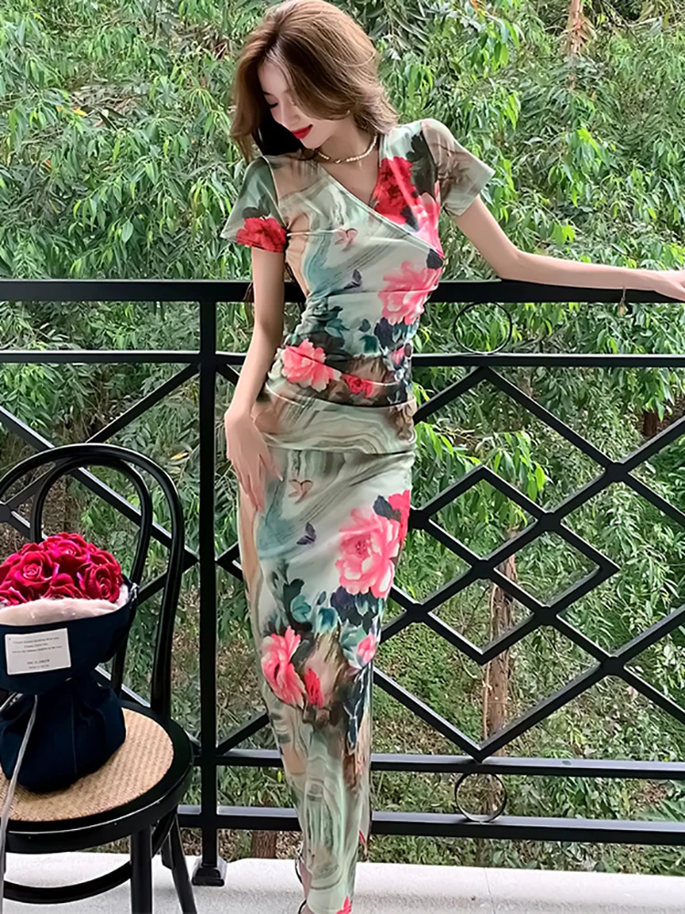 Summer Boho Floral Short Sleeve V-Neck Casual Dress Women Elegant Holiday Prom Dress 2024 Korean Fashion Bodcyon Evening Dresses