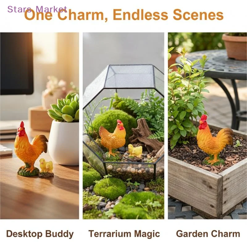 New Mini Farm Animal Ornaments, 3 PCS Rooster Hen Chick Figurines, Fairy Garden Miniatures For DIY Landscaping & Home Decor