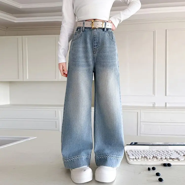 الفتيات نقطة التطريز الجينز 2025 الربيع الخريف جديد الجينز الاطفال فضفاض بنطال ذو قصة أرجل واسعة الأطفال مستقيم الساق واسعة الساق بنطلون