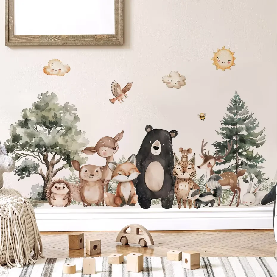 Cute Woodland Animals are learning Wall Stickers for Kids Room Wallpaper for Children Bedroom Living Room Nursery Decoration