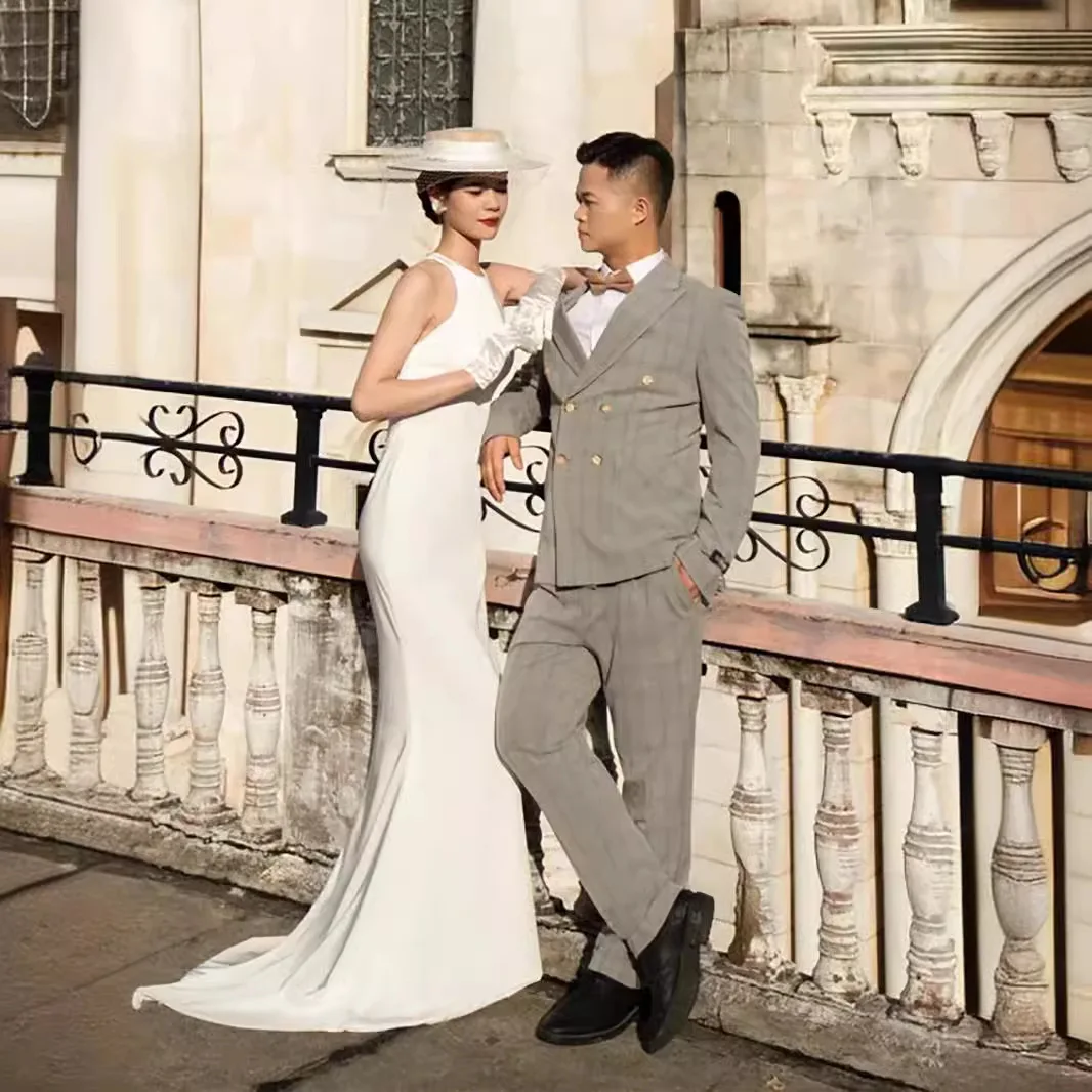 Robe de Mariée en Satin Blanc à Col Rond pour Femme, Tenue Sirène Simple, Légère, Coréenne, pour Séance Photo