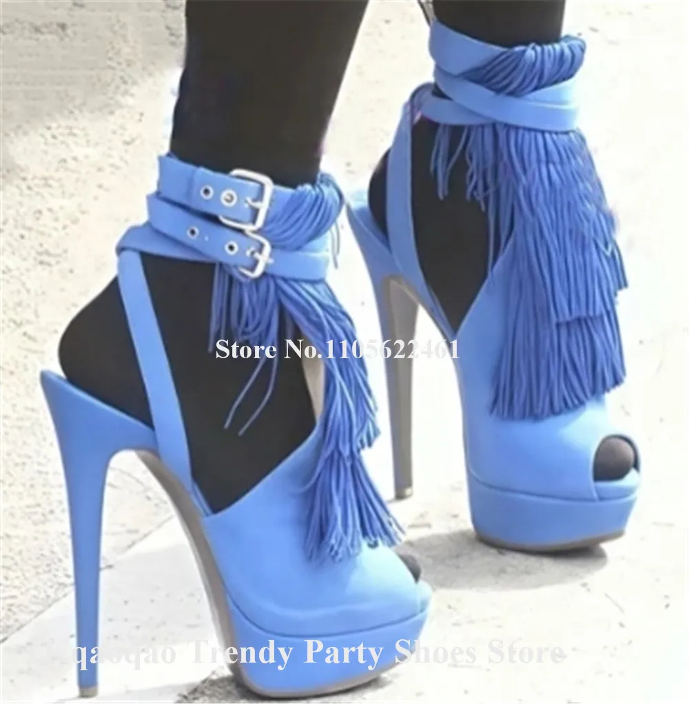 Kqaoqao Charming Yellow Blue Red Suede Tassels Stiletto Heel Pumps Peep Toe Ankle Straps Fringes Platform Party Heels 5