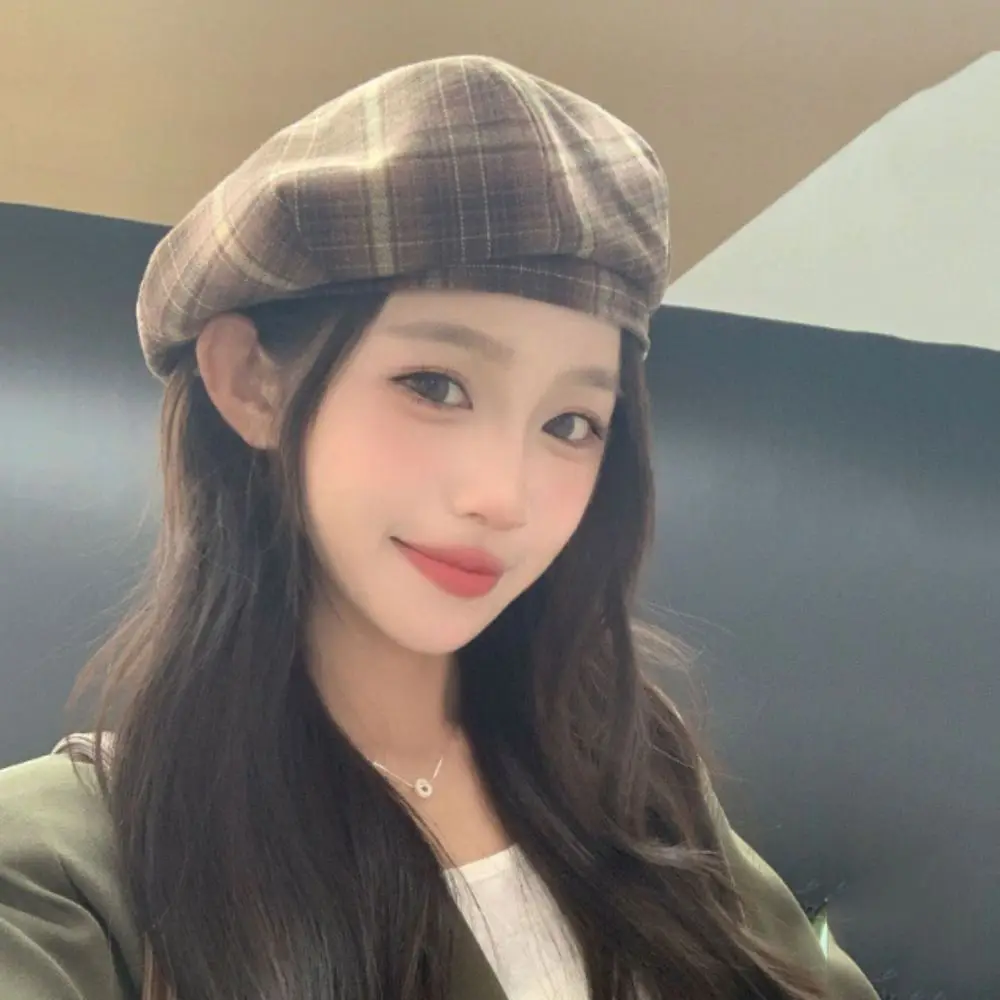 

Casual Y2K Plaid Beret Hat Street Style Harajuku Octagonal Hat Woolen Keep Warm Women Newsboy Cap Girls