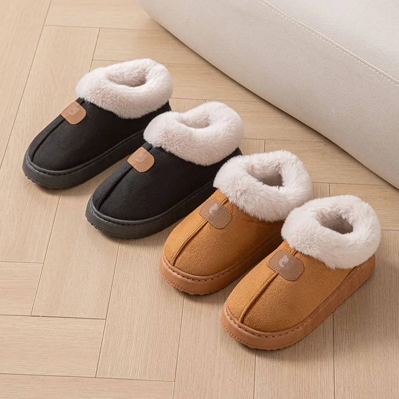 Faux Suede Fluffy Slippers Women Home Winter Furry Collar Closed Back Platform Shoes Unisex Couple Plush Indoor Slides Non-Slip